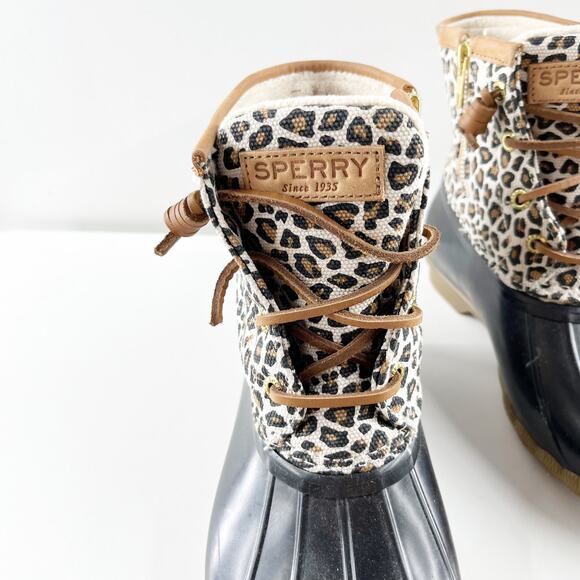 Sperry Lace Up Saltwater Rain Boots Ankle Booties Rubber Leopard 6 - Picture 4 of 9